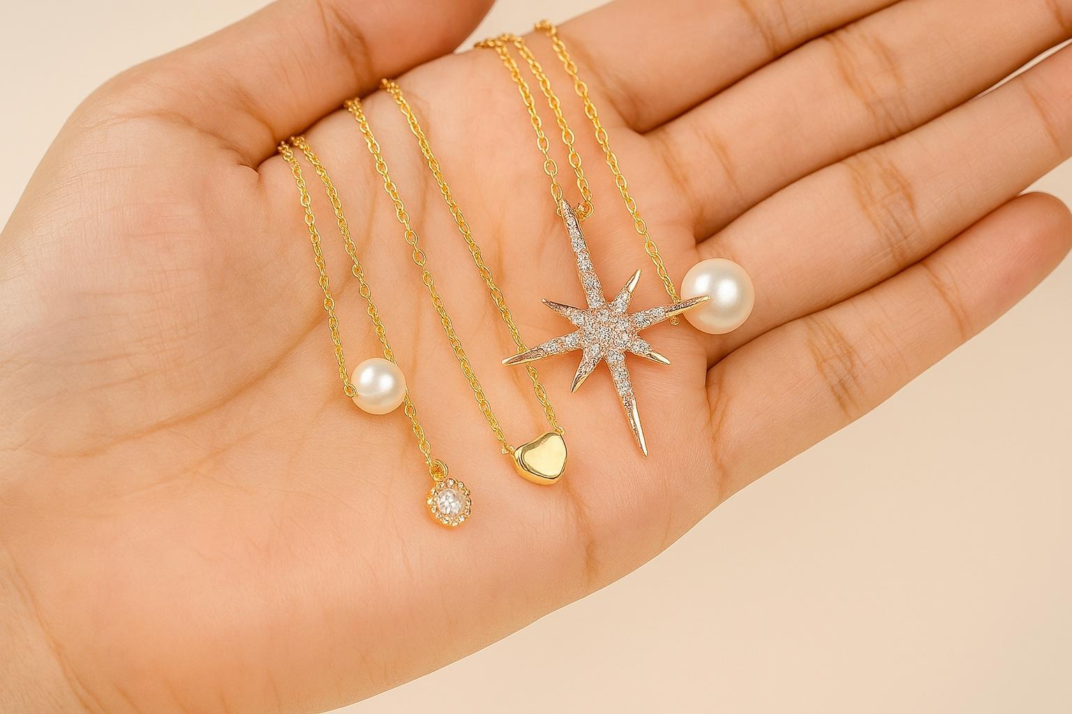 Elegant Gold Pendant Necklace Set – Pearl, Crystal & Star Charm Layered Chains