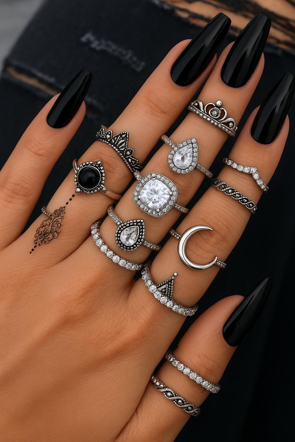 Gothic Moonstone & Black Crystal Ring Set – 10-Piece Adjustable Rings for Women